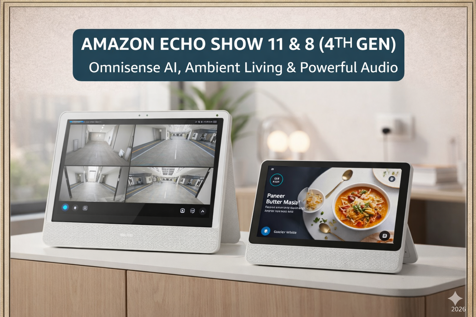 Amazon Echo Show 11 and Echo Show 8 (4th Gen) smart displays with Omnisense AI, showcasing smart home control, security camera view, and recipe display in a modern home setting.
