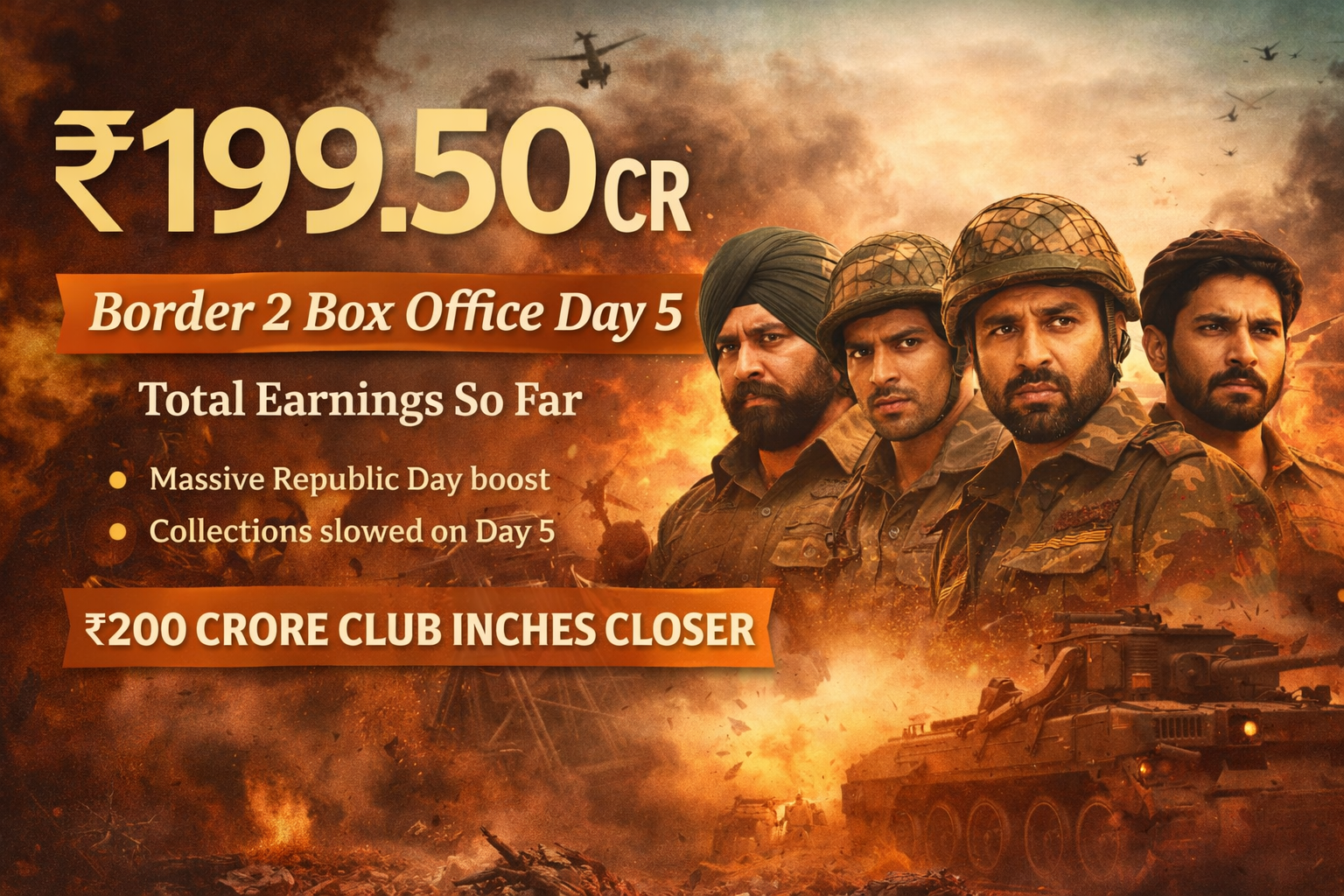 Border 2 box office collection Day 5 showing ₹199.50 crore total, starring Sunny Deol, Varun Dhawan, Diljit Dosanjh, and Ahan Shetty.