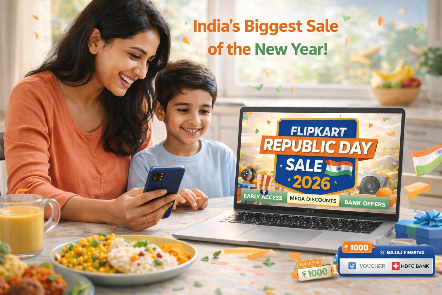 Flipkart Republic Day Sale 2026 banner showing an Indian mother and child shopping online with early access deals, bank offers, and mega discounts