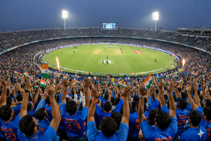 IND vs NZ ODI 2026 at Holkar Stadium with packed crowd and floodlights