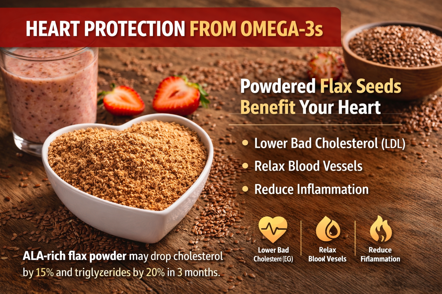 Heart-healthy powdered flax seeds with oatmeal and smoothie, highlighting omega-3 benefits and cholesterol reduction.