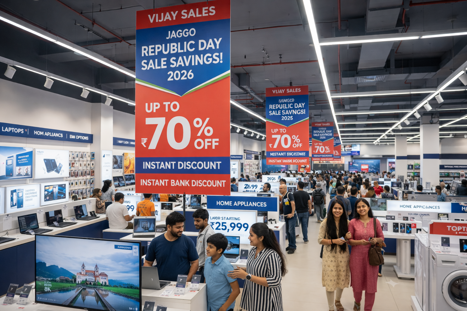 Customers shopping for TVs, laptops, and home appliances during the Vijay Sales Republic Day Sale 2026 with up to 70% discounts and bank offers